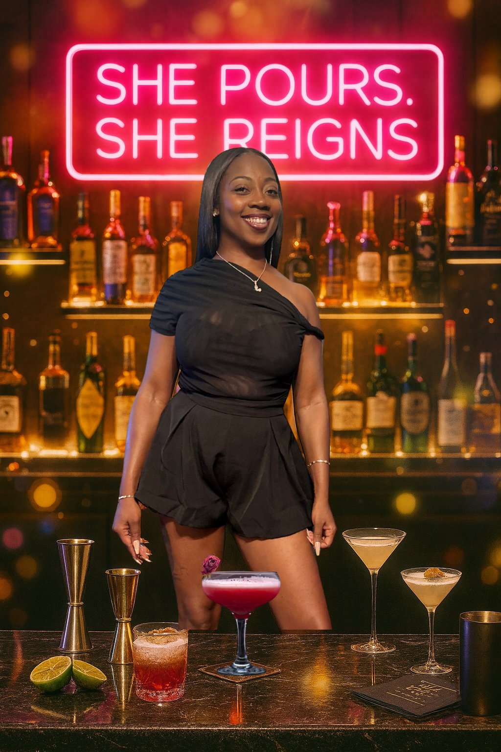 Ashlee of She Pours behind the bar with signature cocktails and a She Pours neon sign.